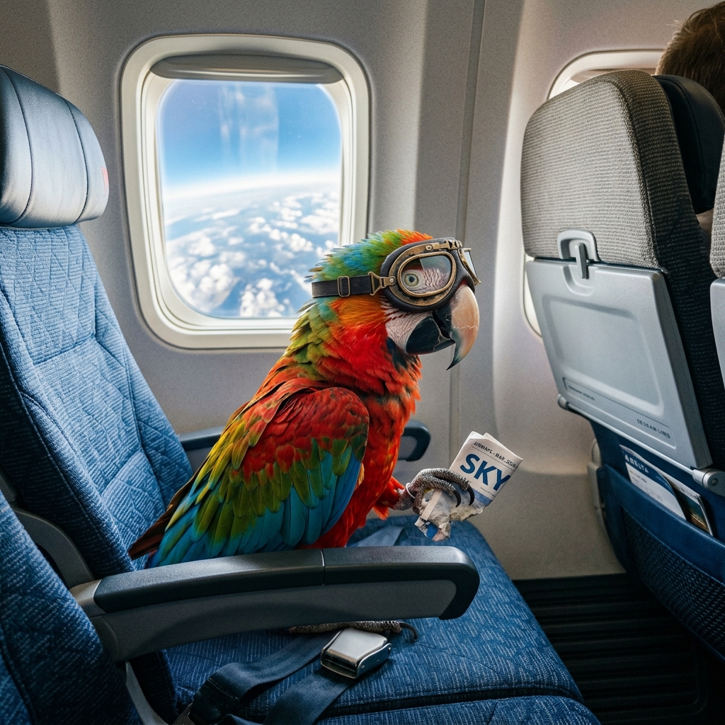 Loro con gafas de aviador en el avión
