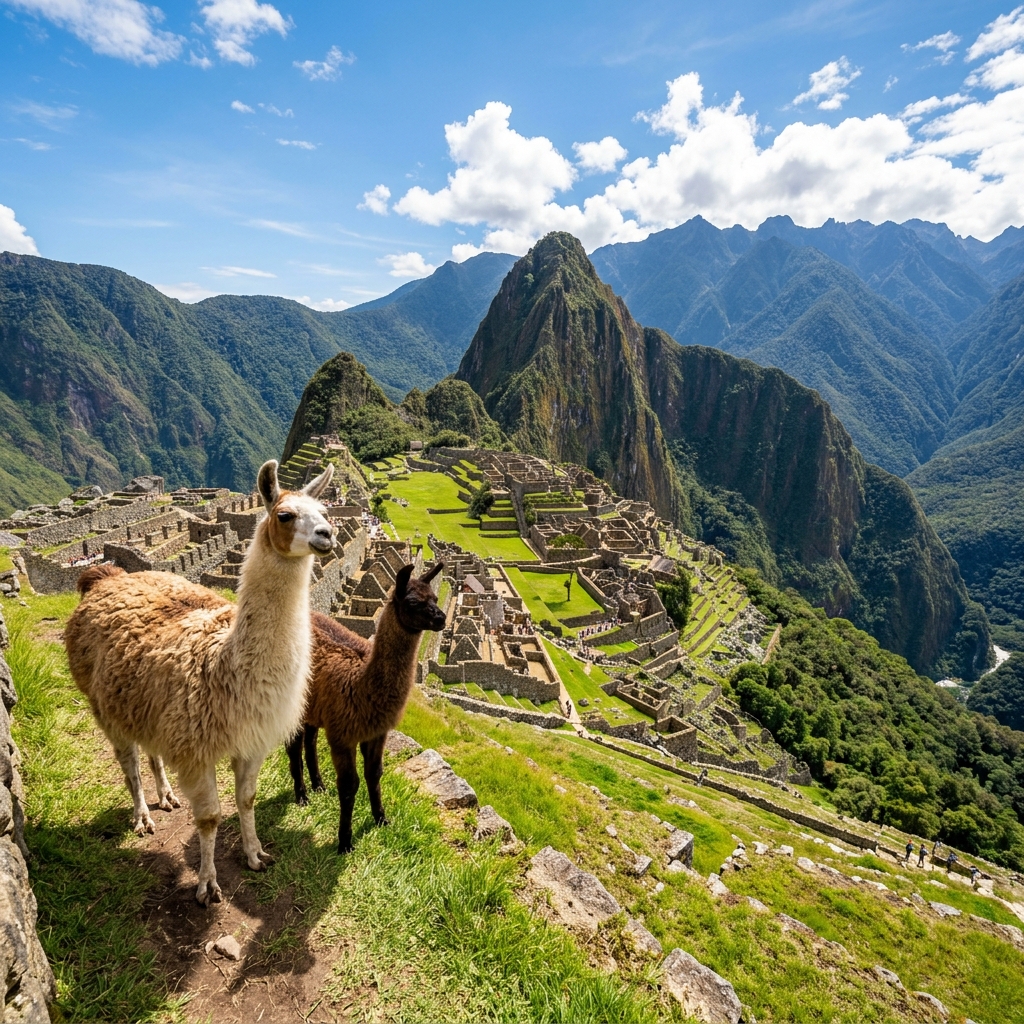 Llamas en las terrazas de Machu Picchu